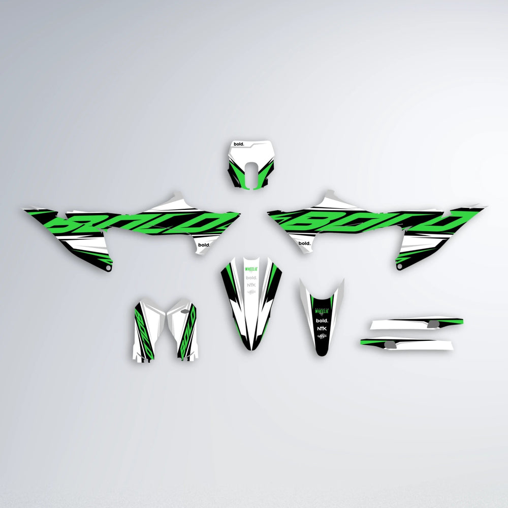 OPTIC Stark Varg MX graphics kit parts layout in Green