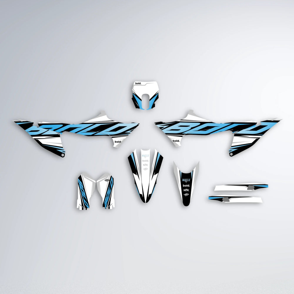 OPTIC Stark Varg MX graphics kit parts layout in Light Blue & White