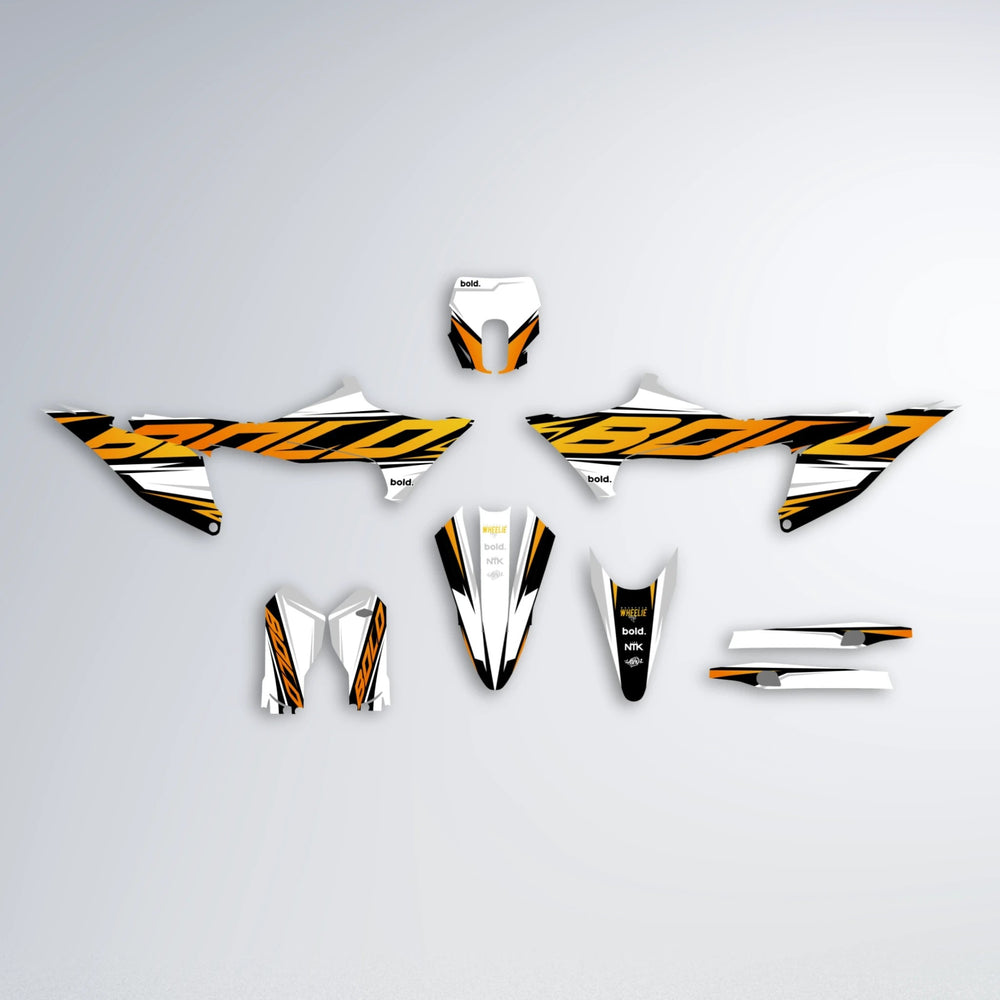 OPTIC Stark Varg MX graphics kit parts layout in Orange & Yellow
