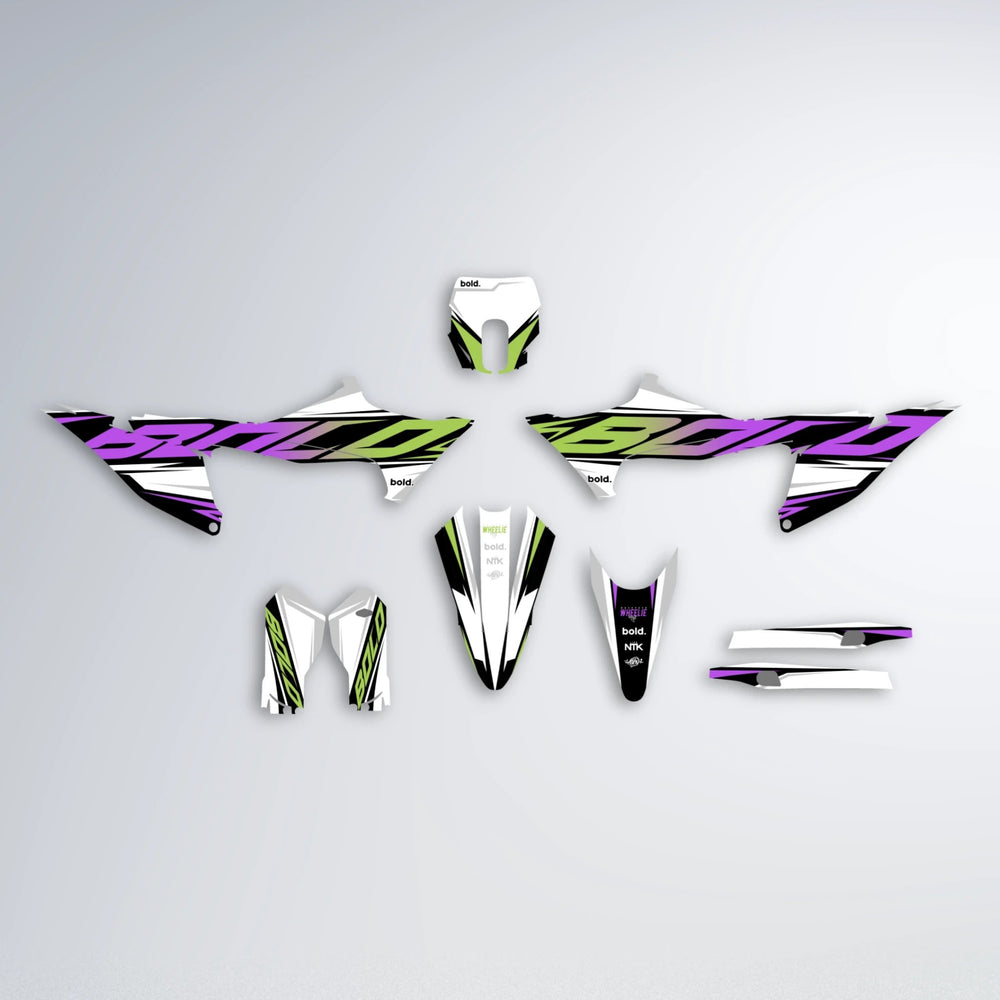 OPTIC Stark Varg MX graphics kit parts layout in Purple & Yellow