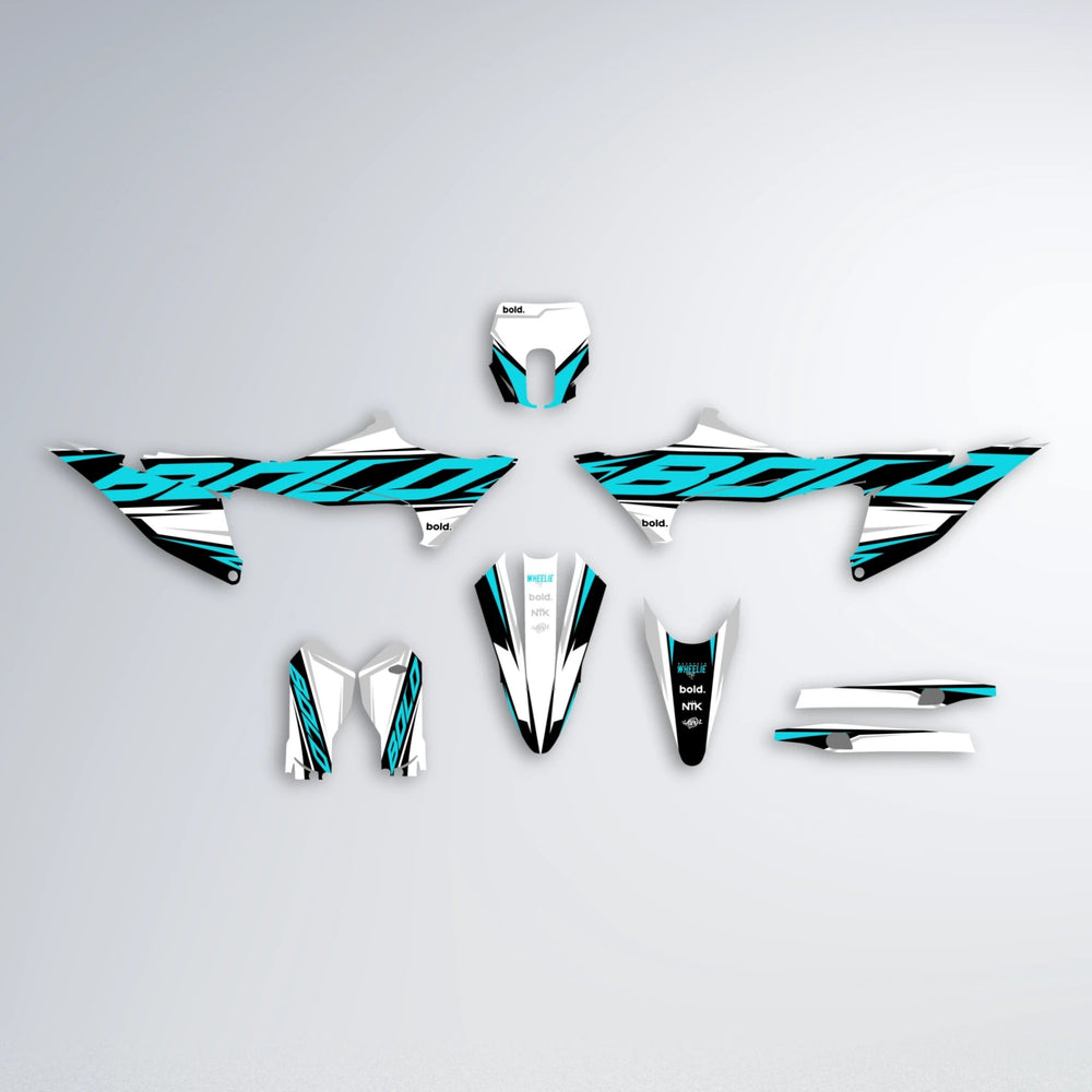 OPTIC Stark Varg MX graphics kit parts layout in Teal