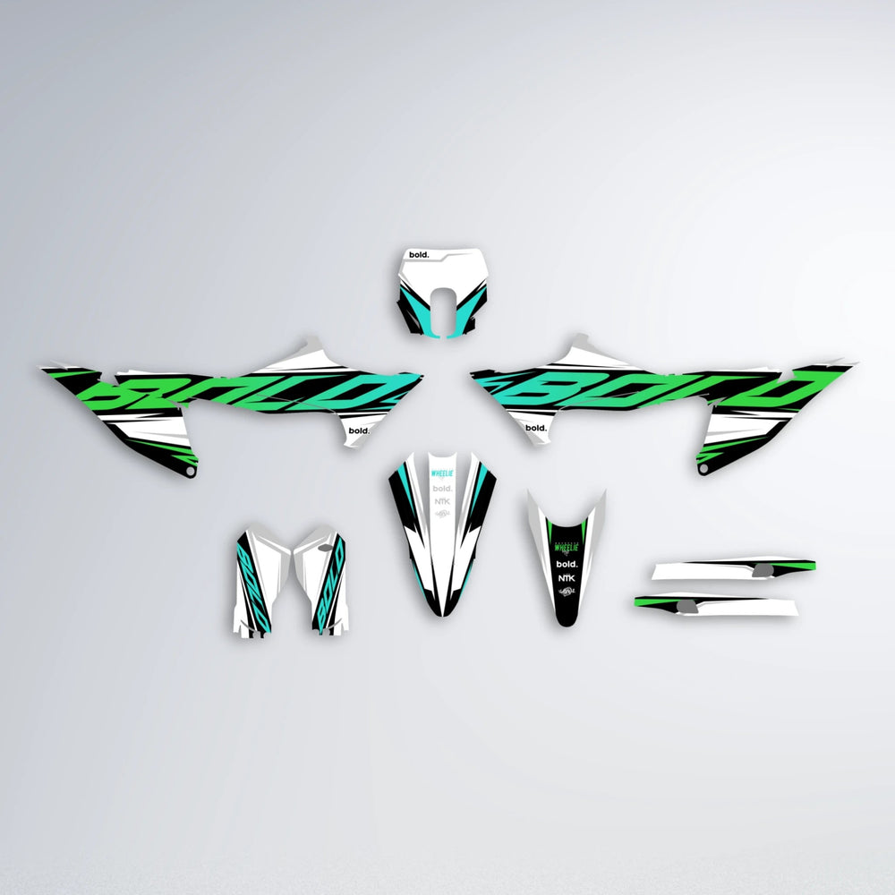 OPTIC Stark Varg SM graphics kit parts layout in Cyan & Green