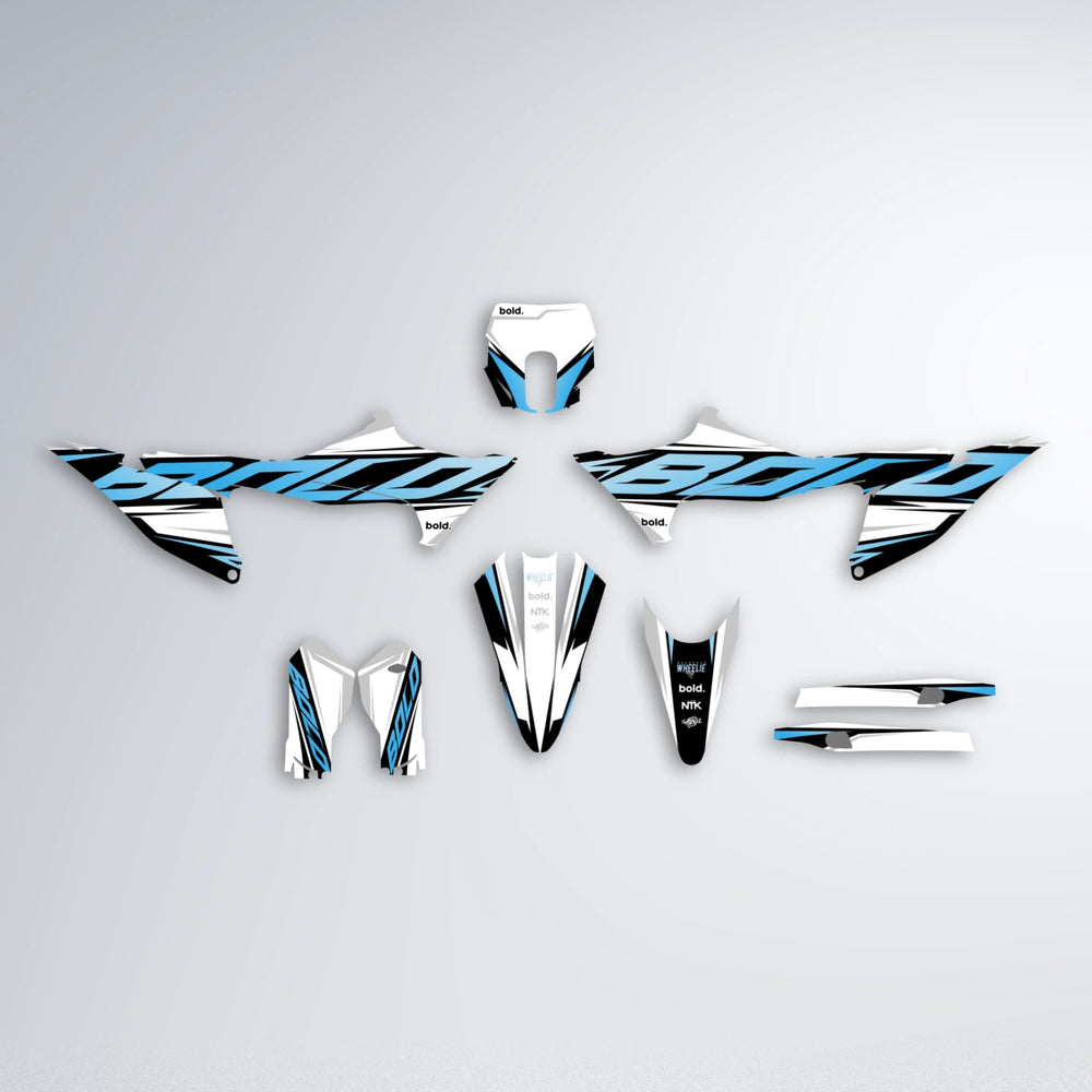 OPTIC Stark Varg SM graphics kit parts layout in Light Blue & White