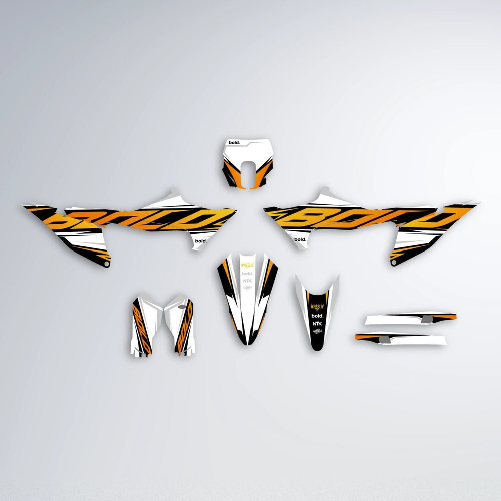 OPTIC Stark Varg SM graphics kit parts layout in Orange & Yellow
