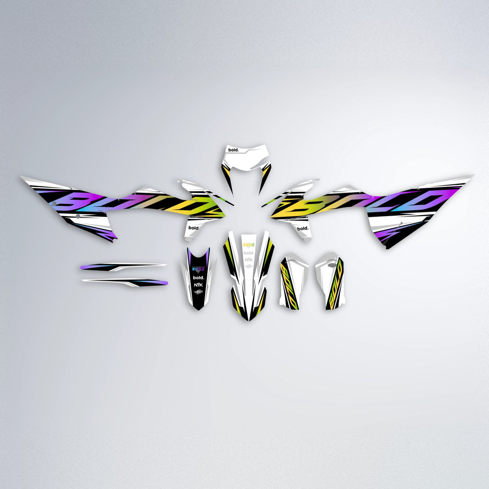 OPTIC graphics kit parts layout in Purple & Yellow
