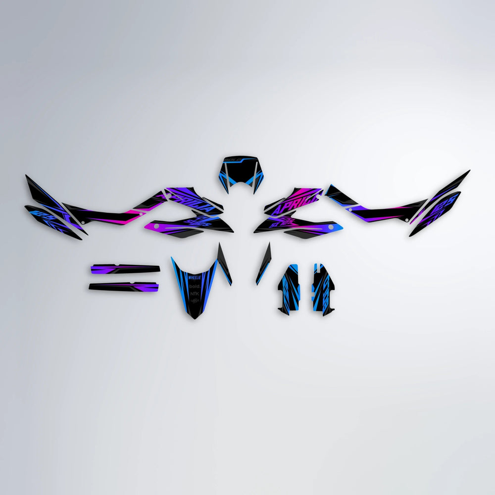 OVERDRIVE Aprilia SX 125 graphics kit parts layout in Blue Purple Fade