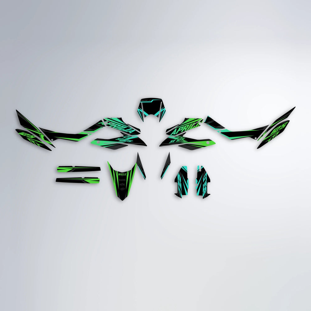 OVERDRIVE Aprilia SX 125 graphics kit parts layout in Cyan & Green