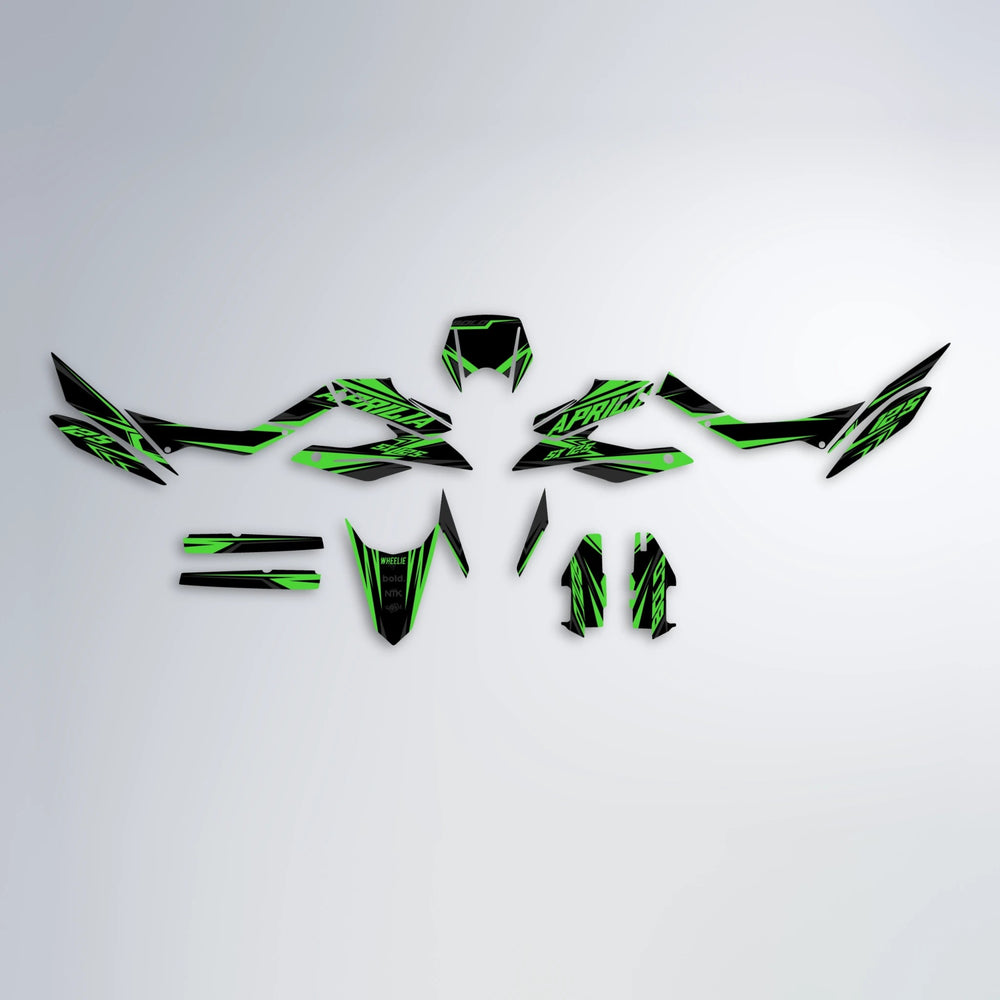 OVERDRIVE Aprilia SX 125 graphics kit parts layout in Green