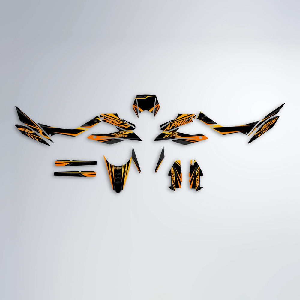 OVERDRIVE Aprilia SX 125 graphics kit parts layout in Orange & Yellow