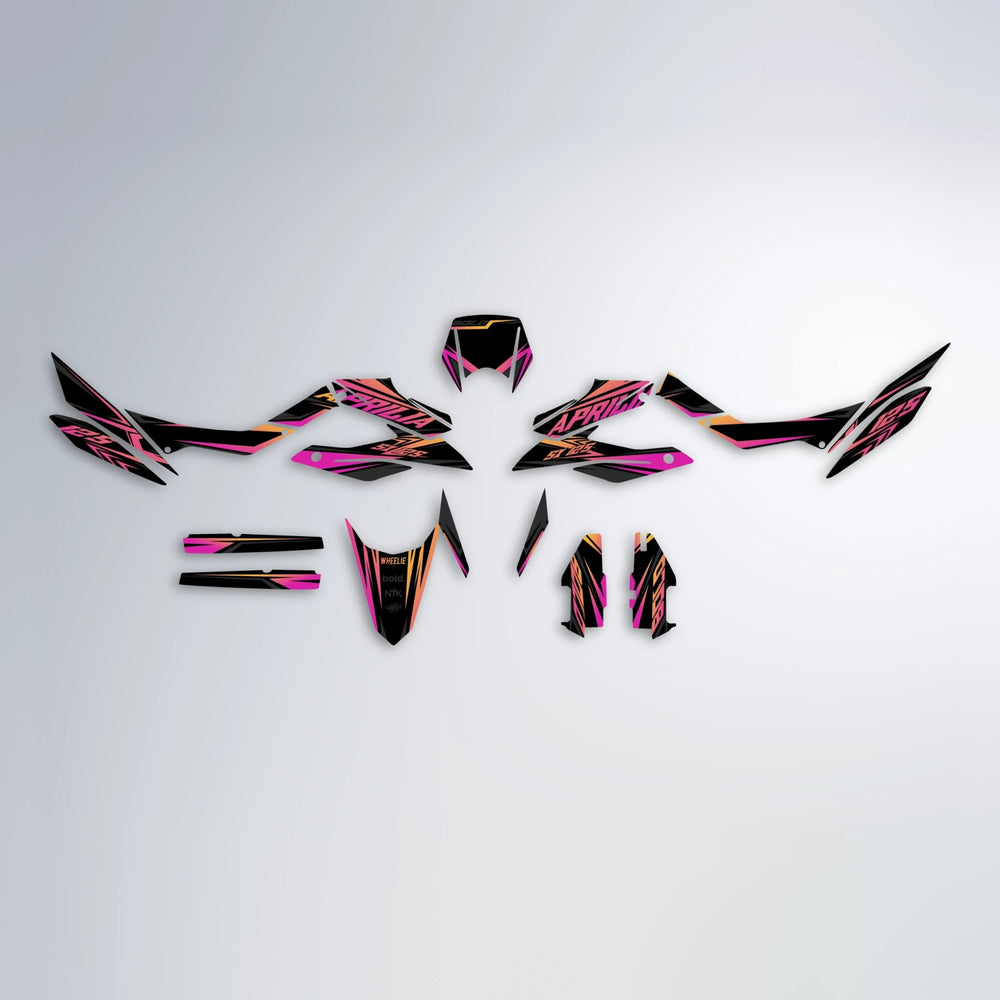 OVERDRIVE Aprilia SX 125 graphics kit parts layout in Pink & Yellow