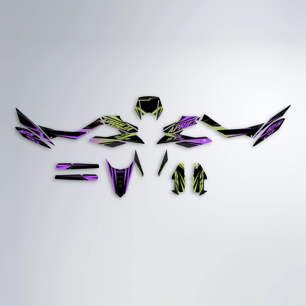 OVERDRIVE Aprilia SX 125 graphics kit parts layout in Purple & Yellow