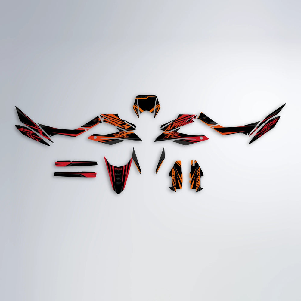 OVERDRIVE Aprilia SX 125 graphics kit parts layout in Red & Orange