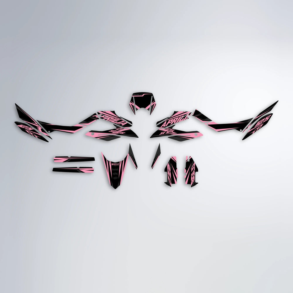 OVERDRIVE Aprilia SX 125 graphics kit parts layout in Sakura Pink
