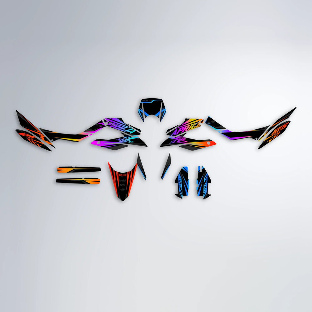 OVERDRIVE Aprilia SX 125 graphics kit parts layout in Sunset Fade