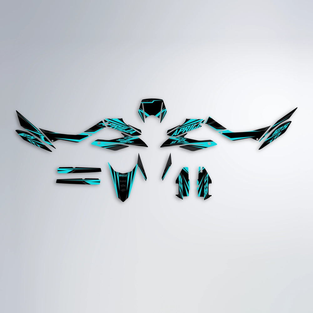 OVERDRIVE Aprilia SX 125 graphics kit parts layout in Teal