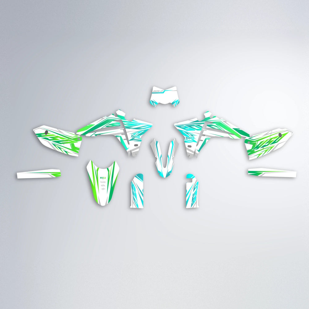 OVERDRIVE Fantic graphics kit parts layout in Cyan & Green