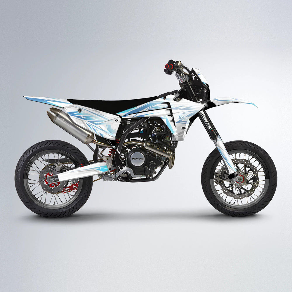 OVERDRIVE Fantic supermoto graphics kit in Light Blue & White