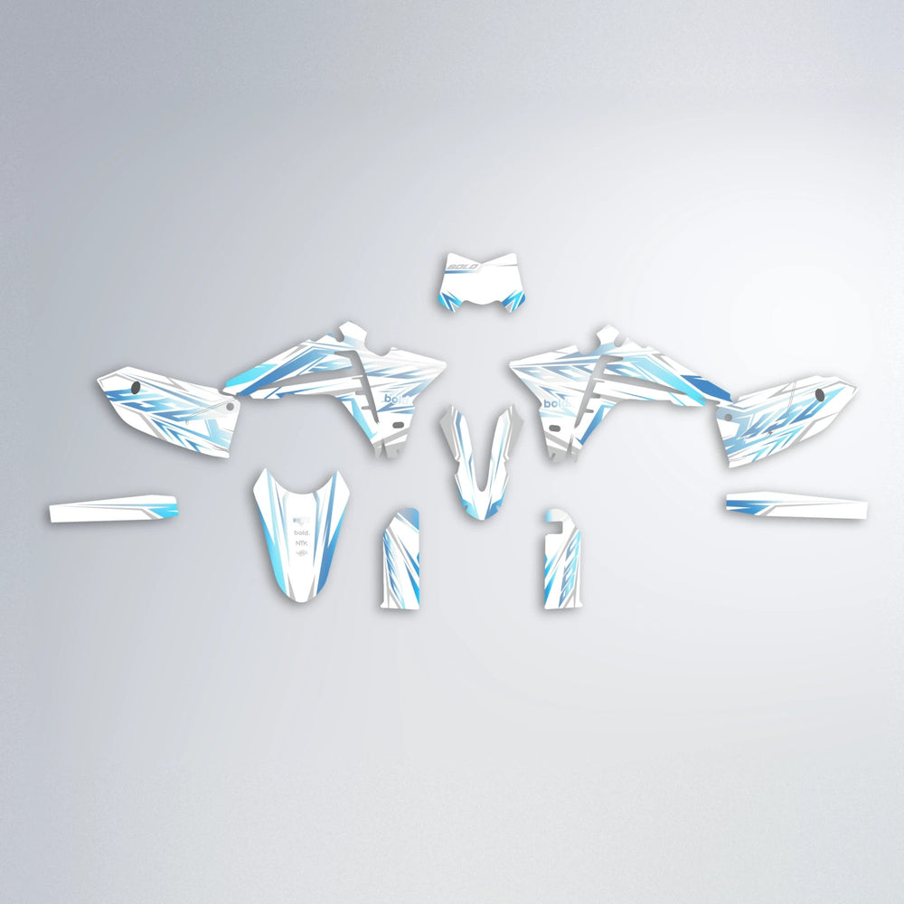 OVERDRIVE Fantic graphics kit parts layout in Light Blue & White