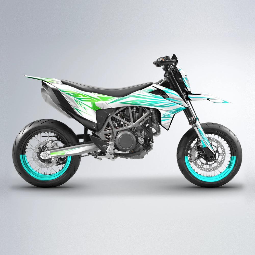 OVERDRIVE KTM SMC 690 supermoto graphics kit in Cyan & Green