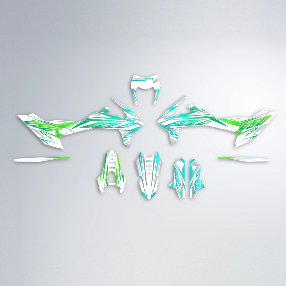 OVERDRIVE KTM SMC 690 graphics kit parts layout in Cyan & Green