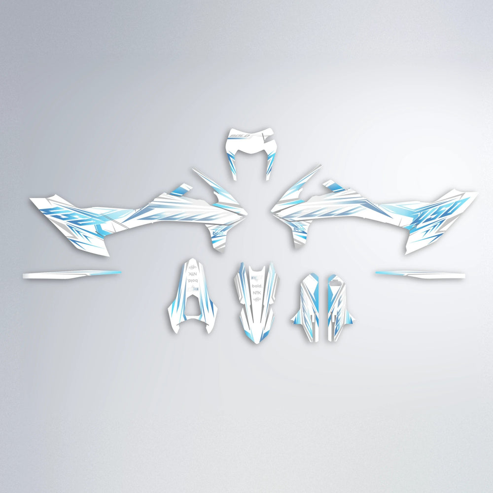 OVERDRIVE KTM SMC 690 graphics kit parts layout in Light Blue & White
