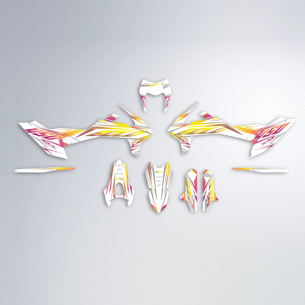 OVERDRIVE KTM SMC 690 graphics kit parts layout in Pink & Yellow
