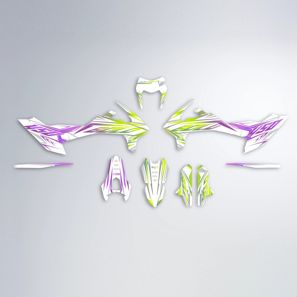 OVERDRIVE KTM SMC 690 graphics kit parts layout in Purple & Yellow