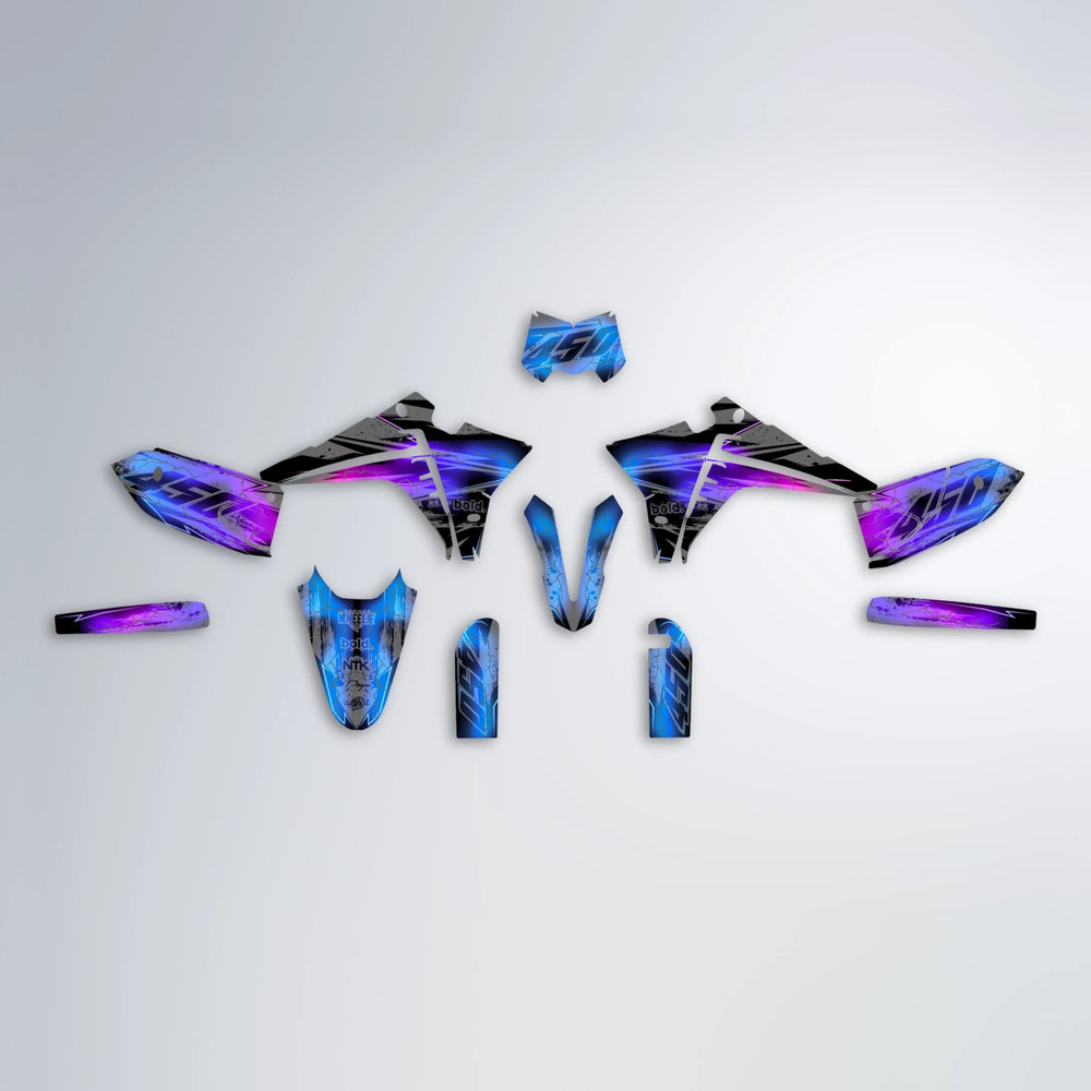 PATCHY Fantic graphics kit parts layout in Blue Purple Fade