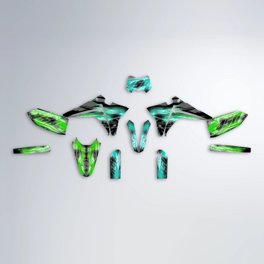 PATCHY Fantic graphics kit parts layout in Cyan & Green
