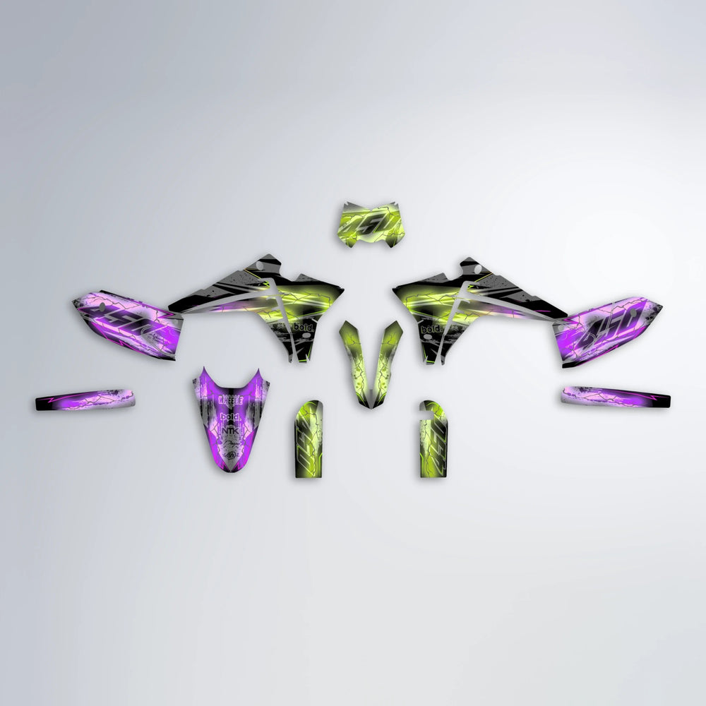 PATCHY Fantic graphics kit parts layout in Purple & Yellow