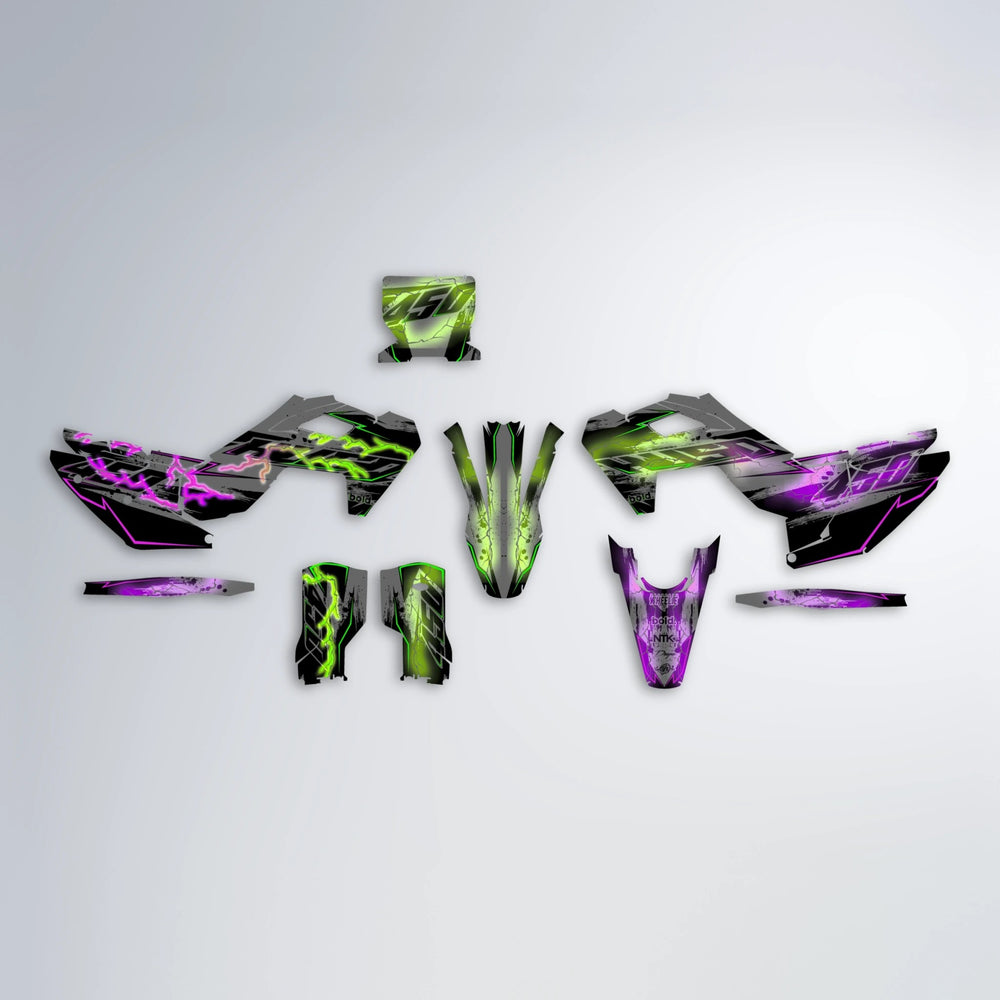 PATCHY Husqvarna FE/TE graphics kit parts layout in Purple & Yellow