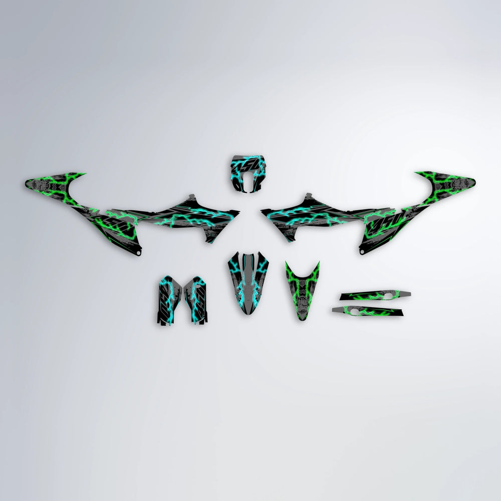 PATCHY Stark Varg MX graphics kit parts layout in Cyan & Green