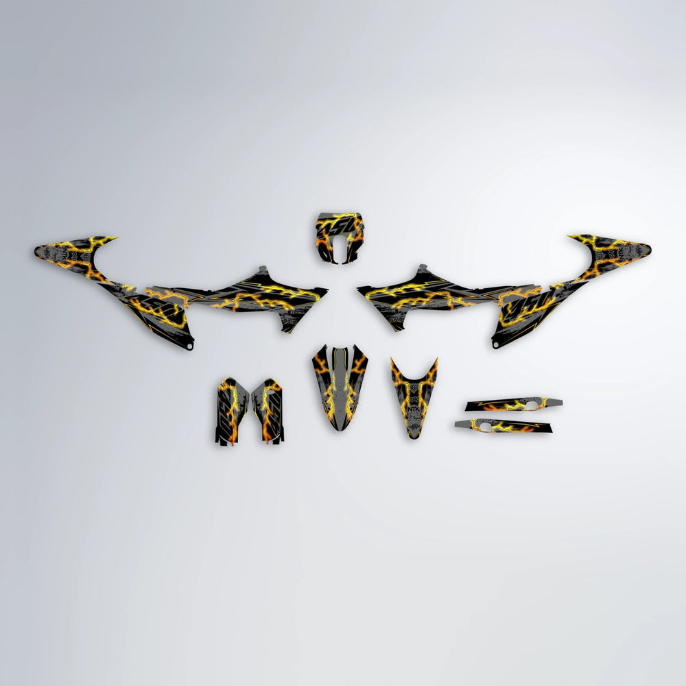 PATCHY Stark Varg MX graphics kit parts layout in Orange & Yellow