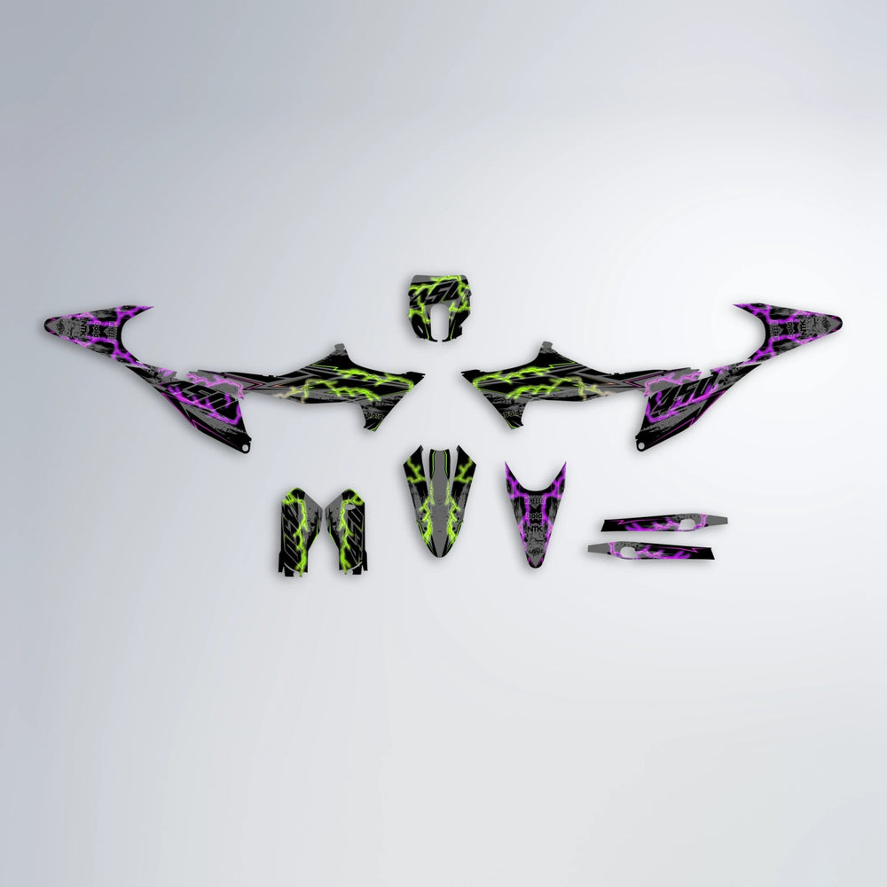 PATCHY Stark Varg MX graphics kit parts layout in Purple & Yellow