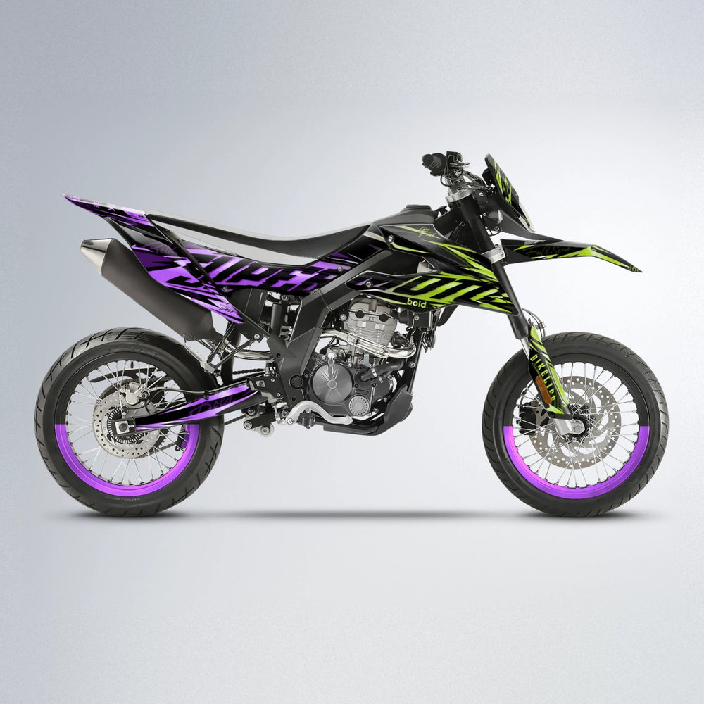 PHANTOM Aprilia SX 125 supermoto graphics kit in Purple & Yellow