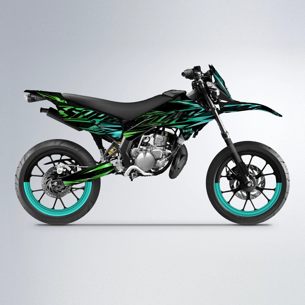 PHANTOM Derbi Senda supermoto graphics kit in Cyan & Green
