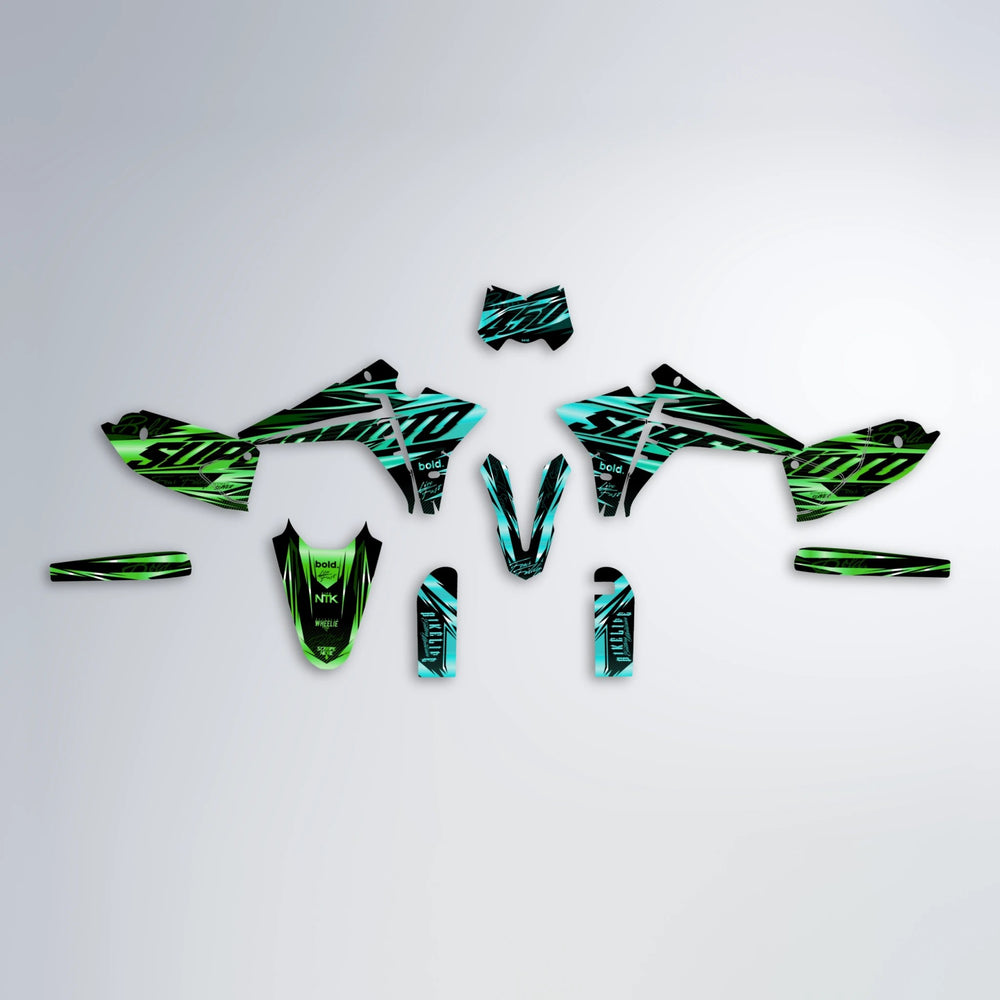 PHANTOM Fantic graphics kit parts layout in Cyan & Green