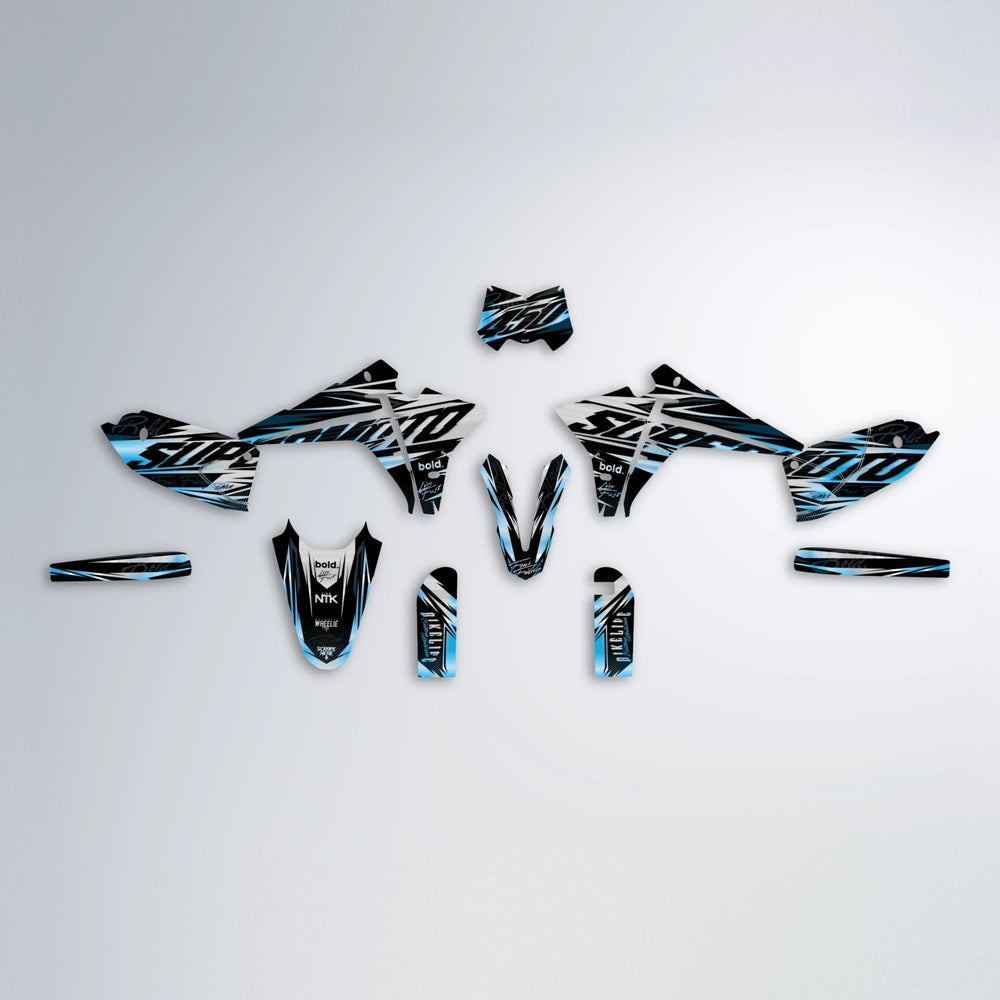 PHANTOM Fantic graphics kit parts layout in Light Blue & White