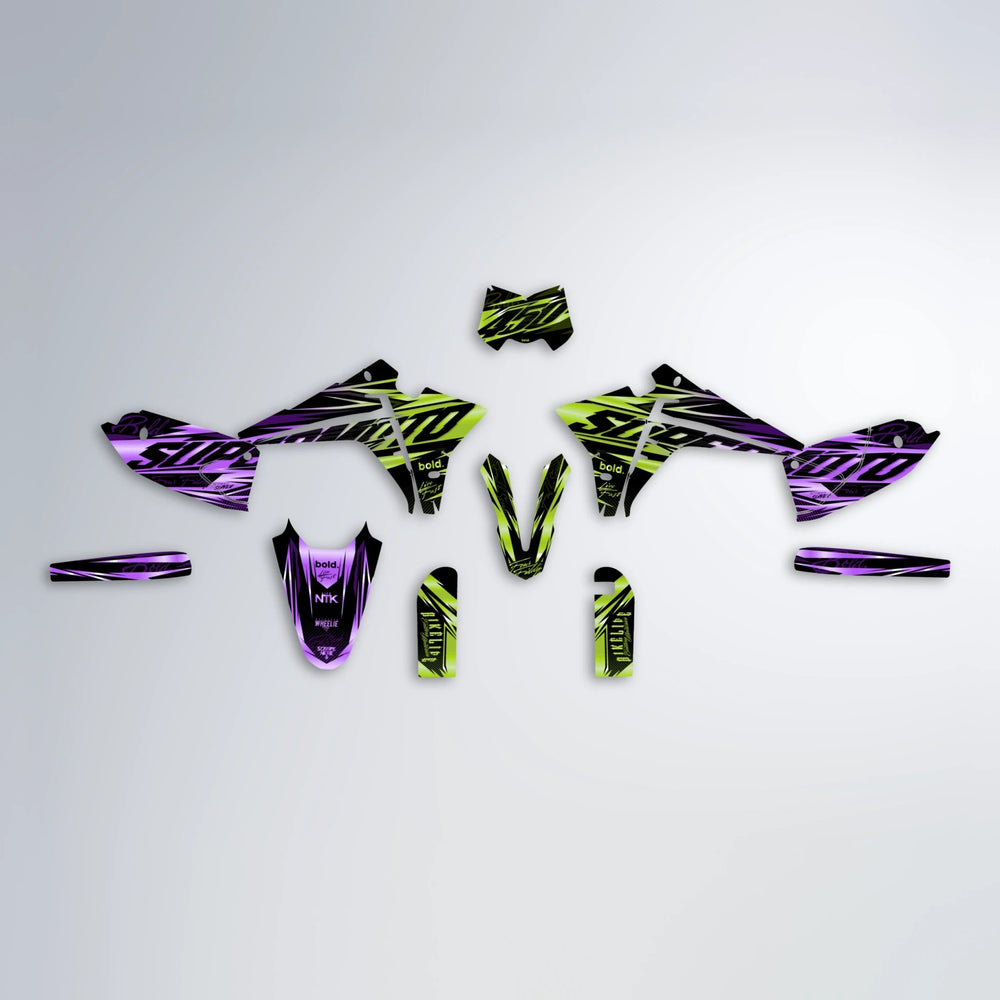 PHANTOM Fantic graphics kit parts layout in Purple & Yellow