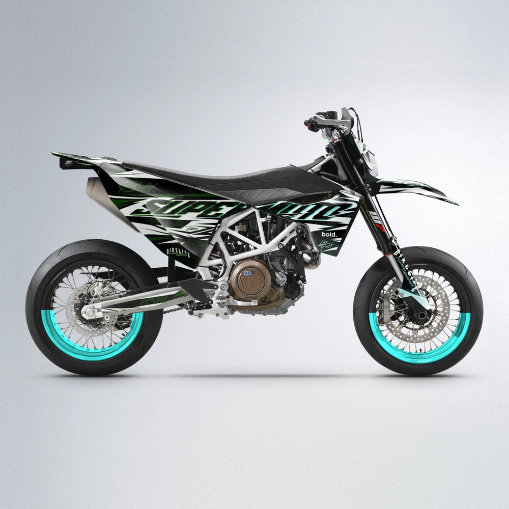 PHANTOM Husqvarna 701 supermoto graphics kit in Cyan & Green