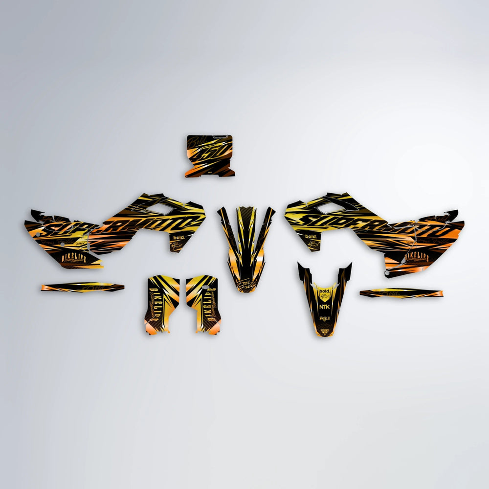 PHANTOM Husqvarna FE/TE graphics kit parts layout in Orange & Yellow