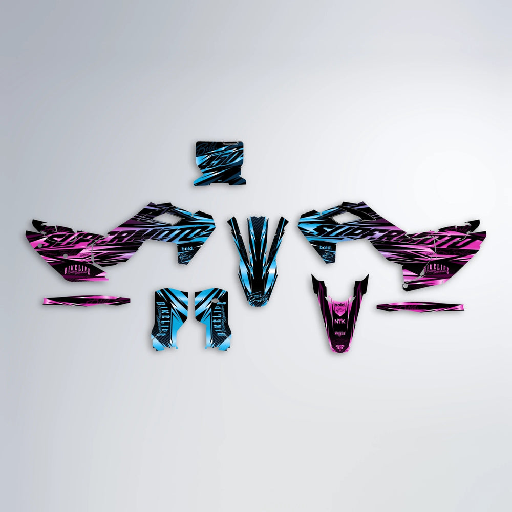 PHANTOM Husqvarna FE/TE graphics kit parts layout in Pink & Light Blue