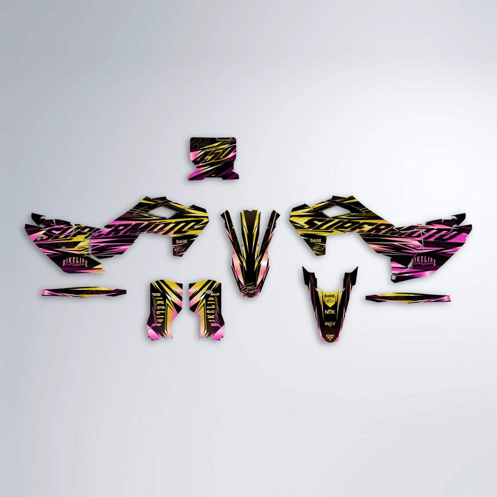 PHANTOM Husqvarna FE/TE graphics kit parts layout in Pink & Yellow