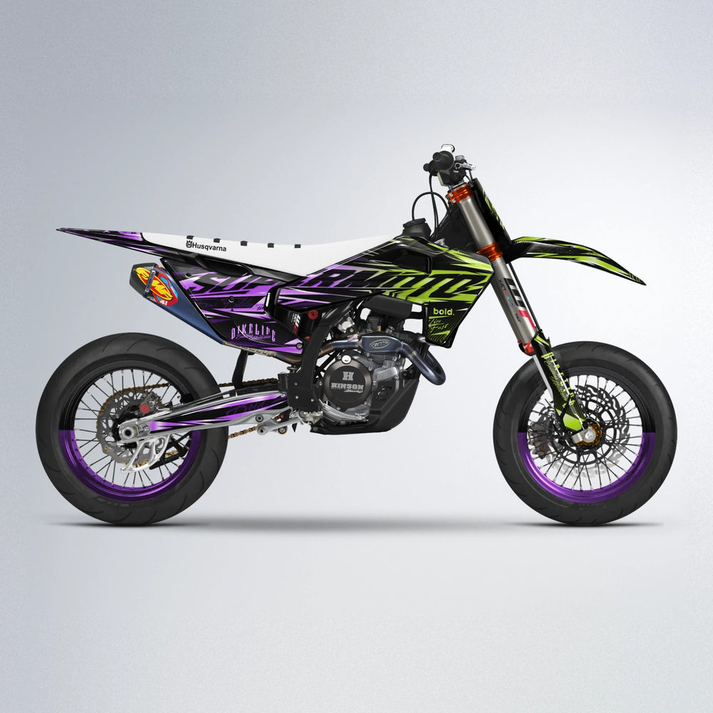 PHANTOM Husqvarna FE/TE supermoto graphics kit in Purple & Yellow