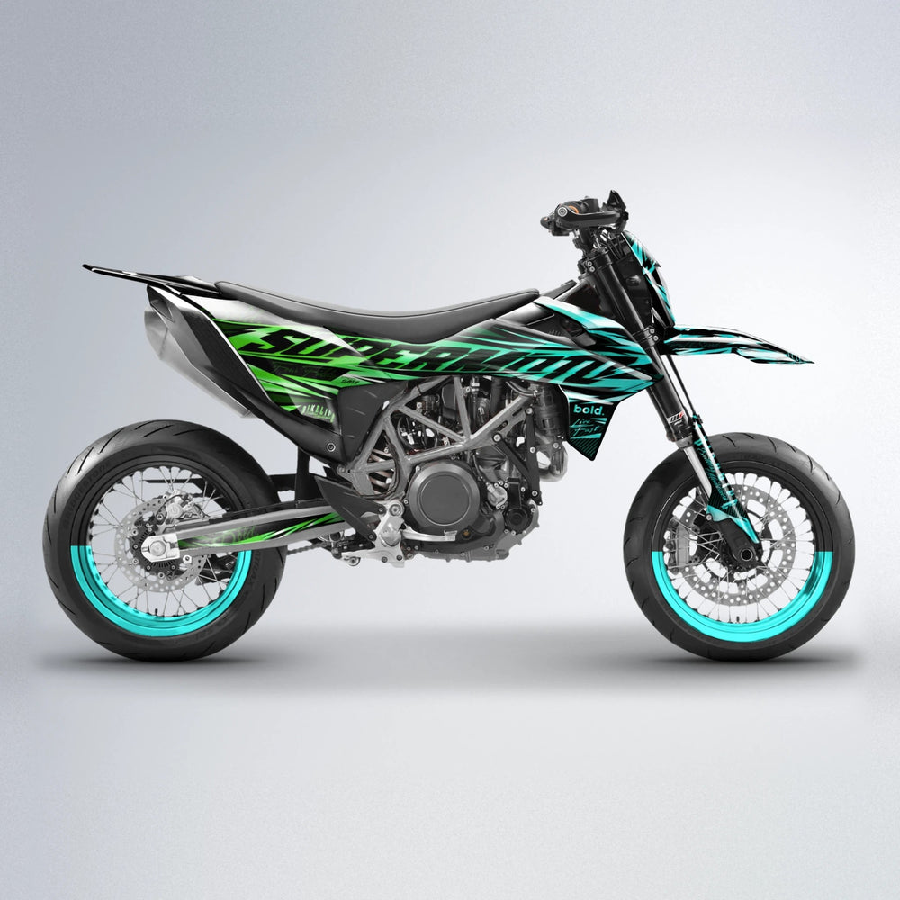 PHANTOM KTM SMC 690 supermoto graphics kit in Cyan & Green