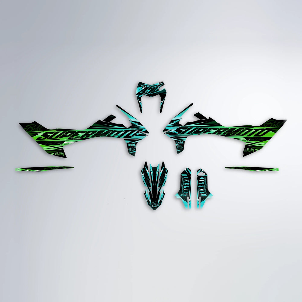 PHANTOM KTM SMC 690 graphics kit parts layout in Cyan & Green