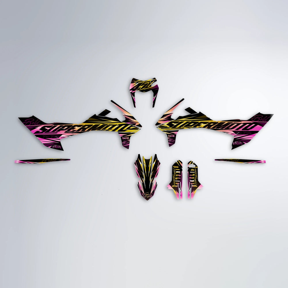 PHANTOM KTM SMC 690 graphics kit parts layout in Pink & Yellow