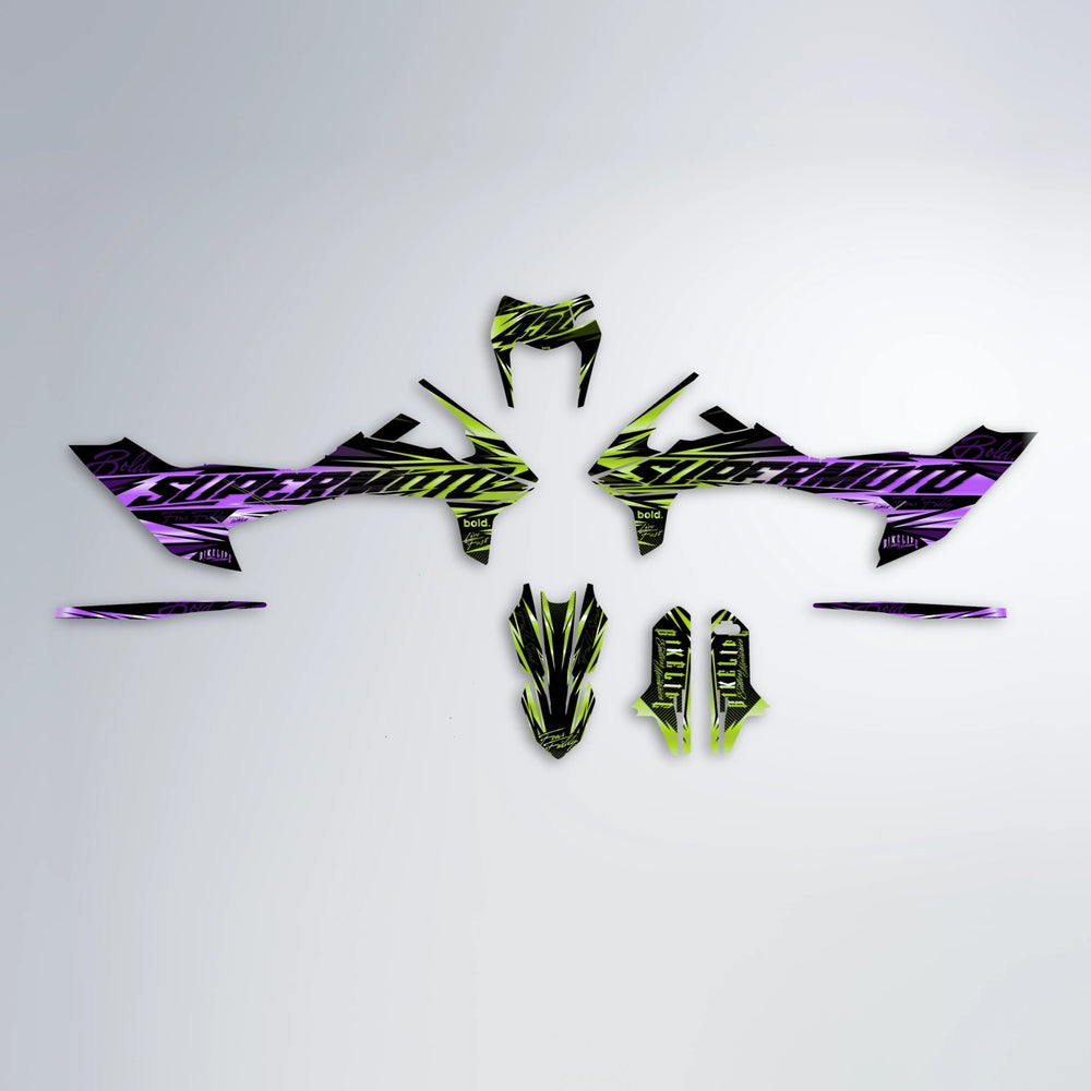 PHANTOM KTM SMC 690 graphics kit parts layout in Purple & Yellow