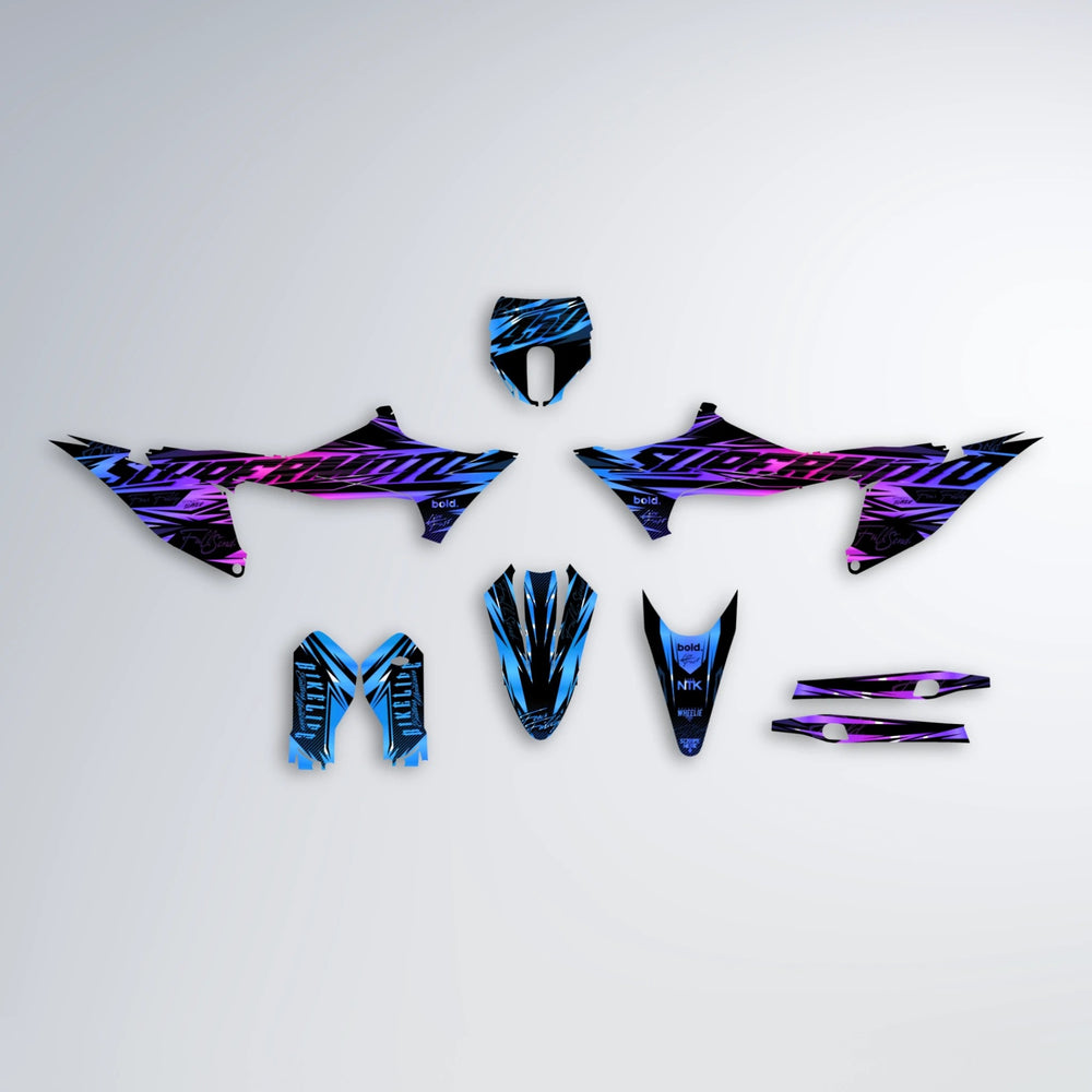 PHANTOM Stark Varg MX graphics kit parts layout in Blue Purple Fade
