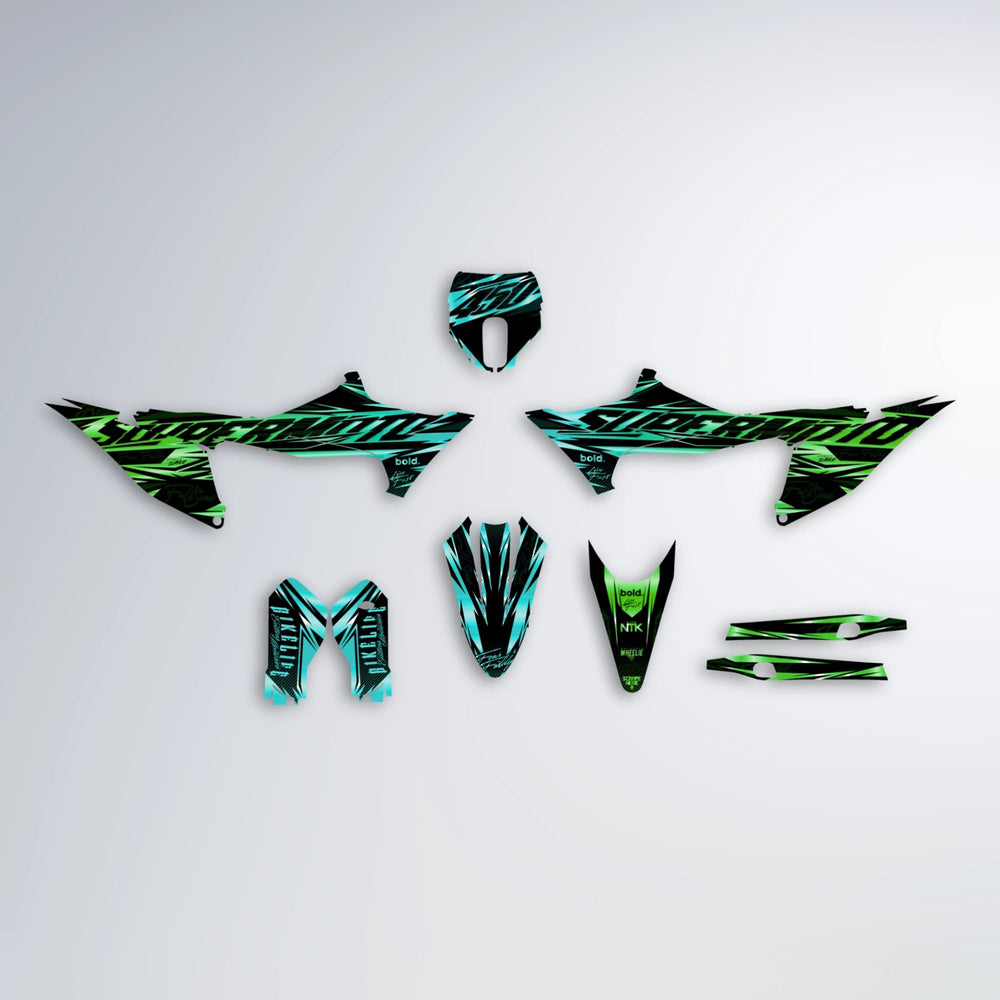 PHANTOM Stark Varg MX graphics kit parts layout in Cyan & Green